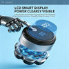 A close-up of a magnetic floating electric head shaver with a clear LCD smart display showing power level.