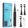 A box and various components of a sonic toothbrush set including a handle, brush heads, and charging cable.