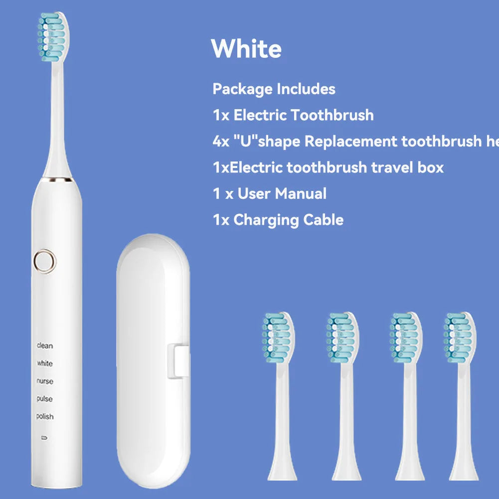 White electric toothbrush package including a brush, replacement heads, user manual, and charging cable.