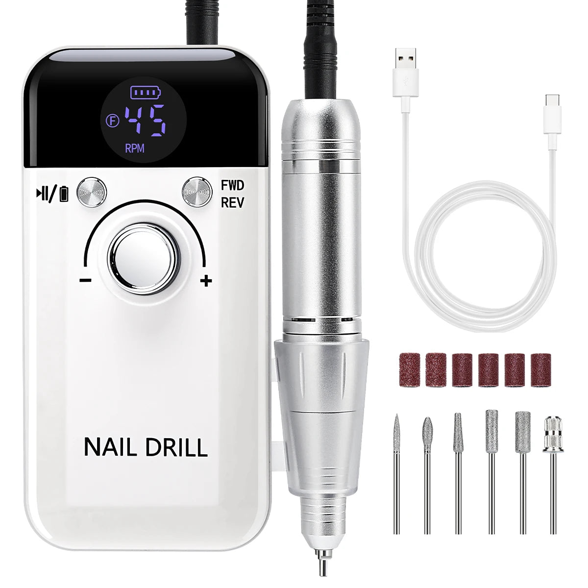Un outil électrique pour ongles blanc avec une fraise amovible et divers embouts de perçage.