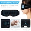 A black 3D ergonomic eye mask shown on a woman's face and various close-up views demonstrating its design features.