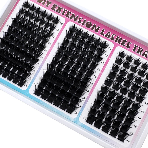 A box of black eyelash extensions showing various lash lengths and clusters for dramatic volume.