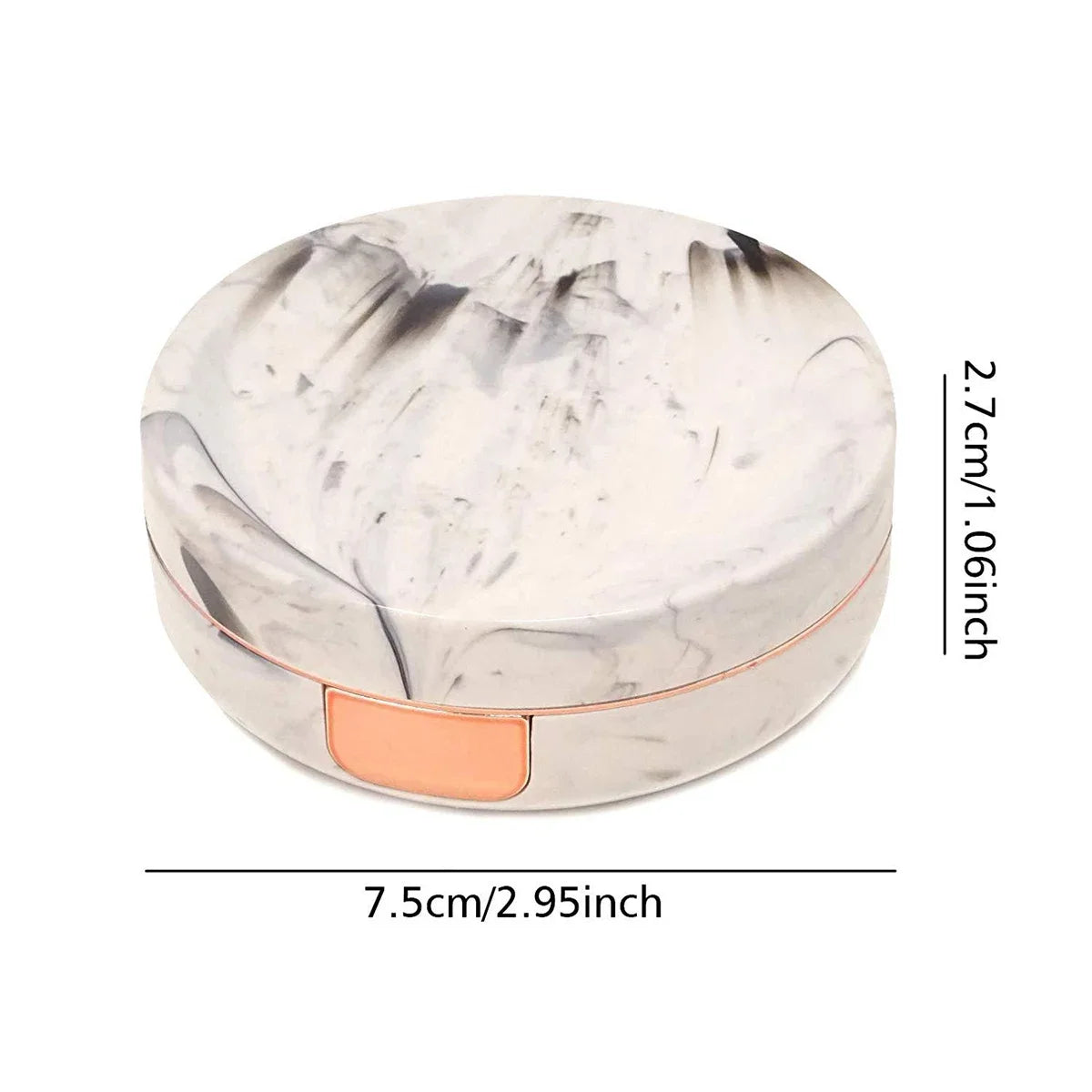 Round contact lens storage box with a marbled white and gray pattern and an orange rim