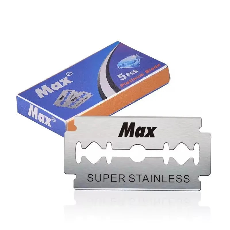 A set of five platinum blade razor blades packaged in a blue and orange box with a stainless steel blade visible.