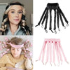 A set of black and pink removable heatless hair curlers for overnight styling shown on a woman and a child.