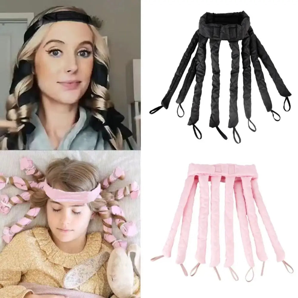 A set of black and pink removable heatless hair curlers for overnight styling shown on a woman and a child.