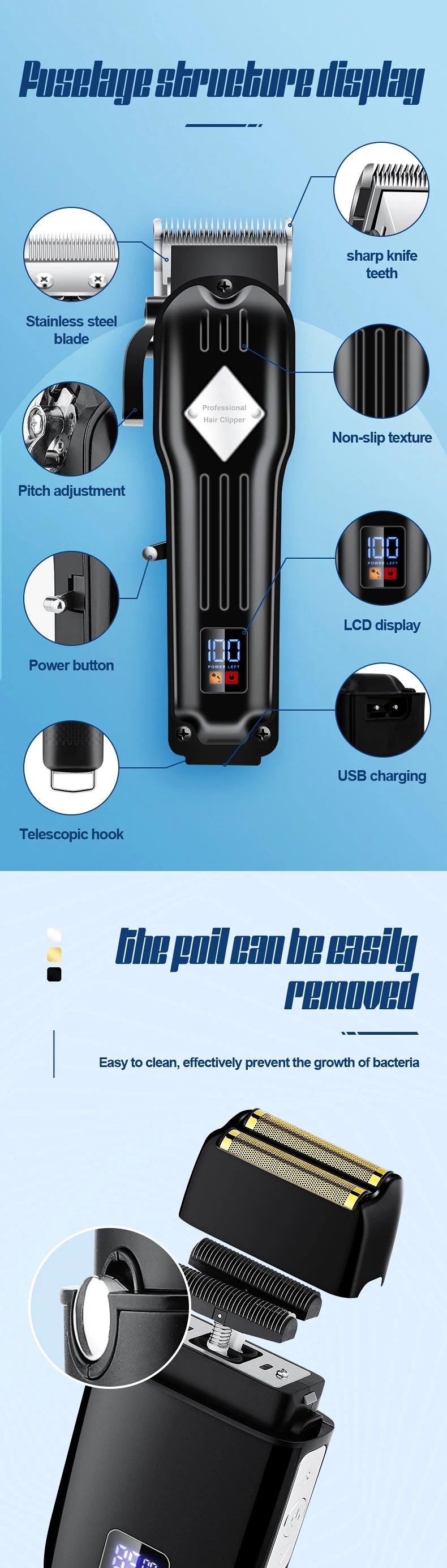 A close-up view of a black professional electric hair clipper and shaver set with various attachments and features.