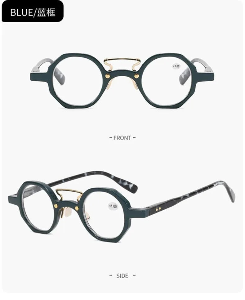 Une paire de lunettes rondes noires montrée de face et de profil.