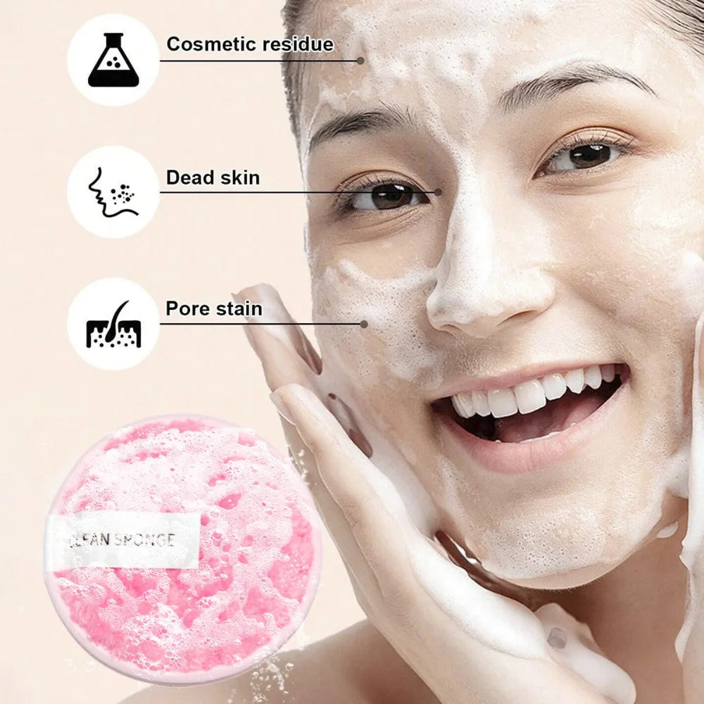 A woman is using a pink foam sponge cleanser on her face, demonstrating its use for removing cosmetic residue and dead skin.