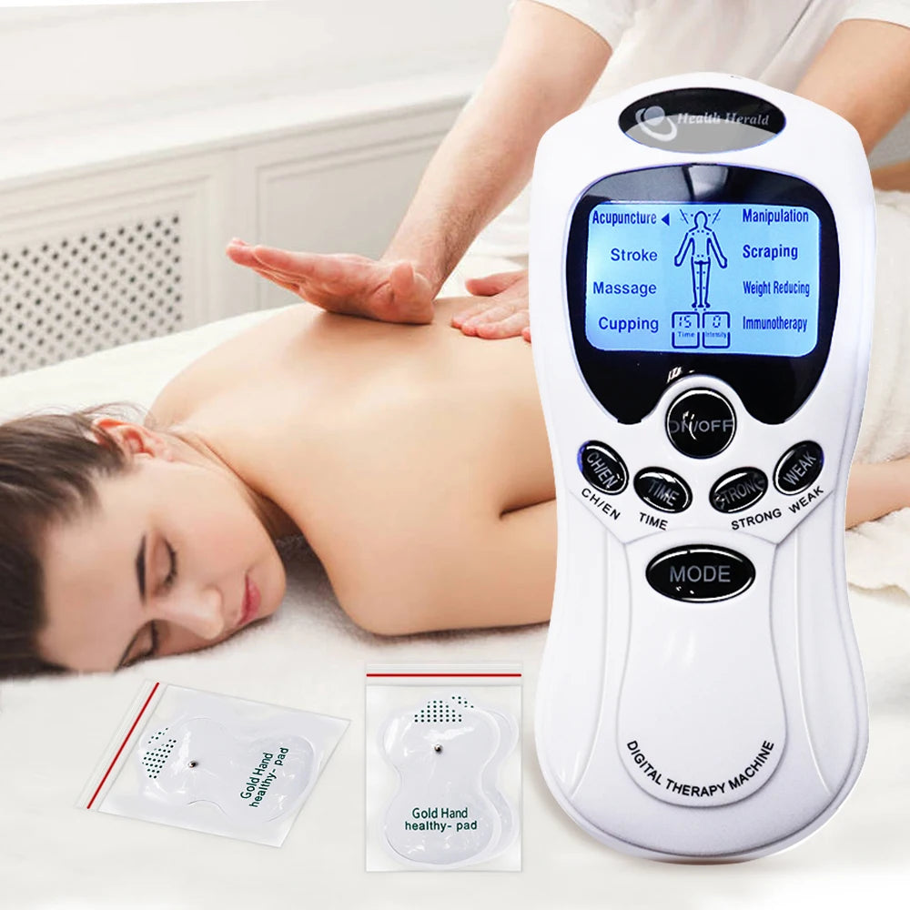 A white digital therapy machine is shown next to a hand applying a gold hand pad for muscle stimulation.