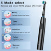 A black electric rotary toothbrush is shown next to a guide detailing five cleaning modes: White, Clean, Sensitive, Polish, a