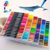 A set of 12 vibrant dual-head art markers in various colors arranged in a plastic case, with one marker tip visible above.