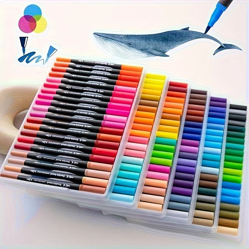 A set of 12 vibrant dual-head art markers in various colors arranged in a plastic case, with one marker tip visible above.