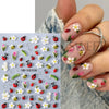 Embossed floral nail art stickers featuring spring designs like flowers and insects on a clear sheet