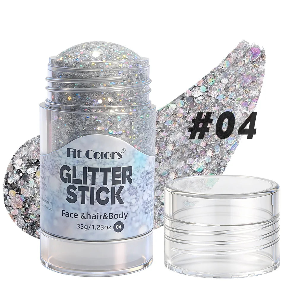 Un pot en verre de Fit Colors Glitter Stick #04 à côté d'un récipient transparent du même produit.