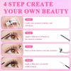 A four-step guide showing how to create beauty by combing, bonding, sticking, and sealing eyelash clusters onto natural lashe