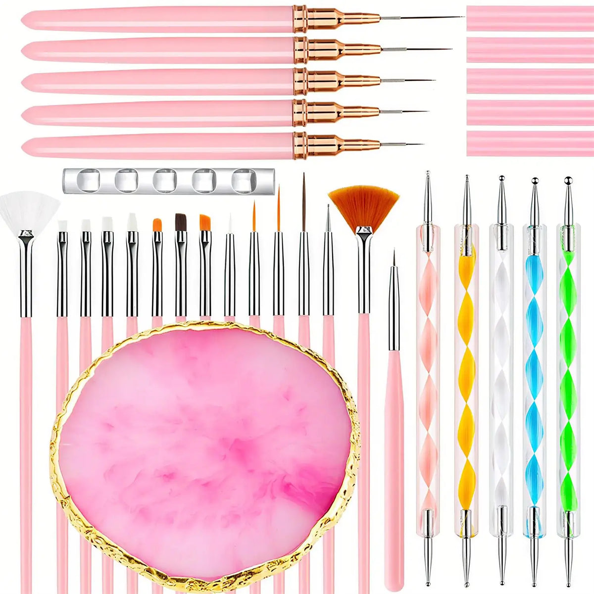 A complete professional nail art kit featuring various pink and gold tools including files, shapers, and brushes.