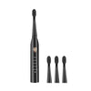 A black acoustic electric toothbrush with a textured head shown next to three white brush heads.