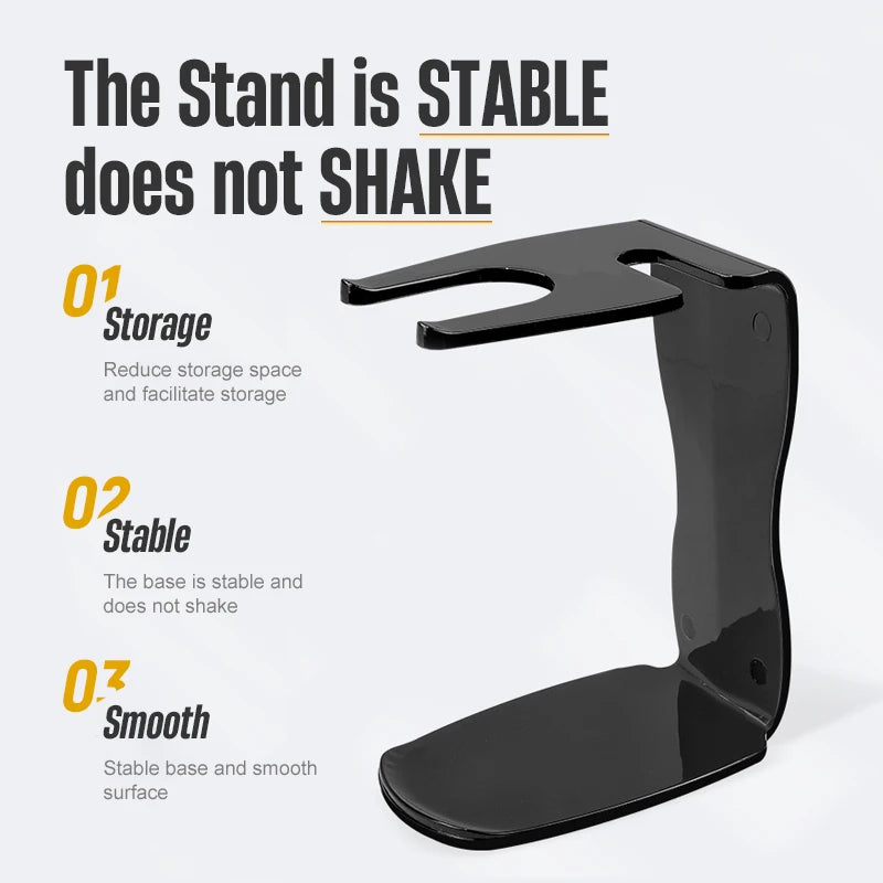 A black shaving stand product demonstrating stability and smooth surface features.