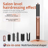 A vertical rose gold hair styling tool set featuring a barrel and various shaping attachments for hair styling.