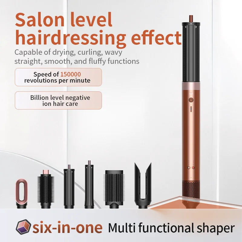 A vertical rose gold hair styling tool set featuring a barrel and various shaping attachments for hair styling.