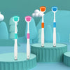 A collection of five reusable stainless steel tongue scrapers in various colors displayed on a light blue background.