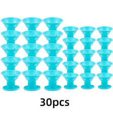A set of 30 heatless silicone curling hair tools in light blue color.