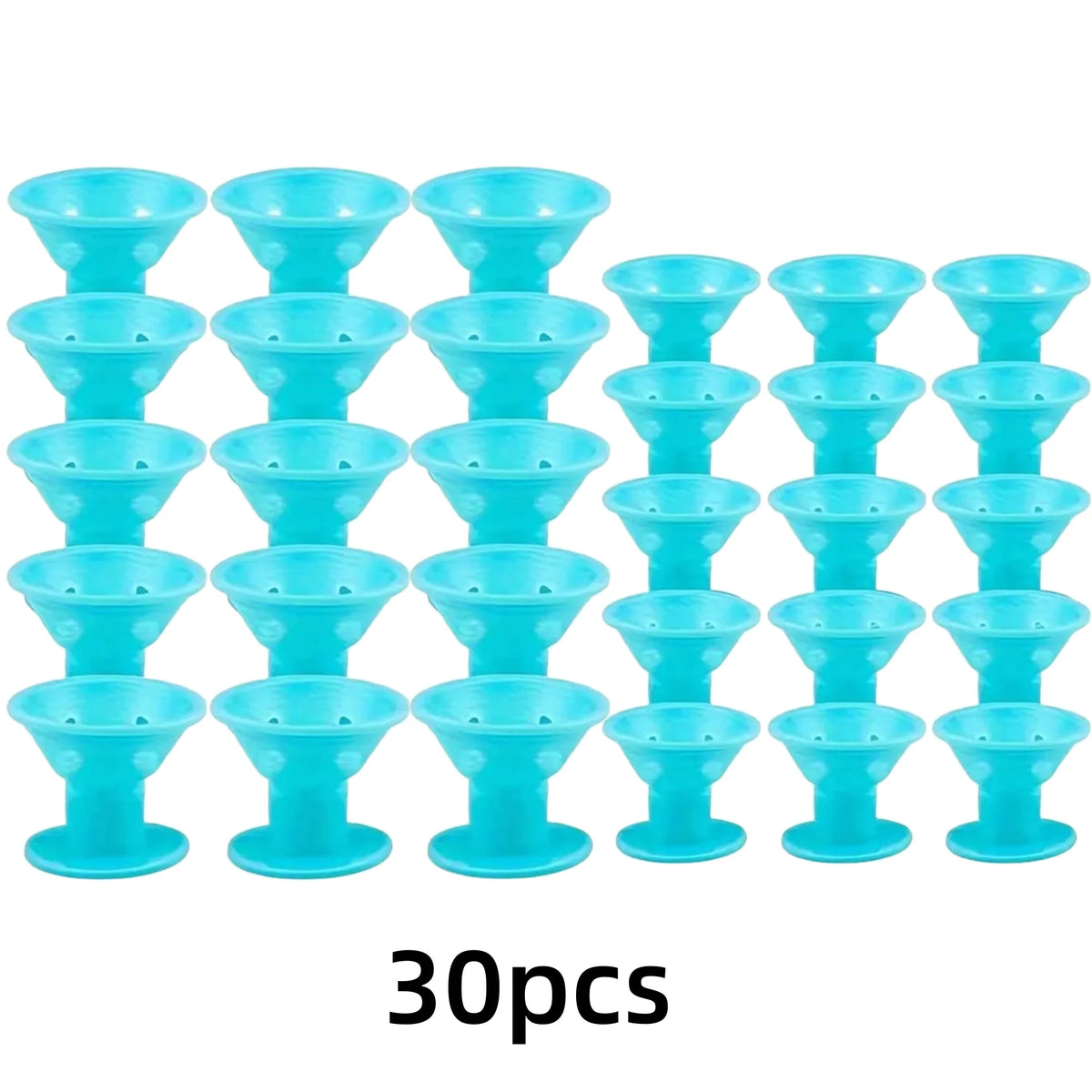 A set of 30 heatless silicone curling hair tools in light blue color.