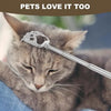 A tabby cat is relaxing while using a stainless steel telescopic back scratcher tool.