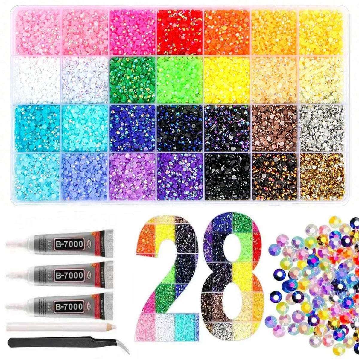 A variety of mixed color resin glitter and craft materials in small square compartments.