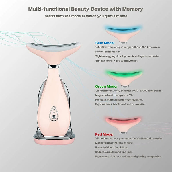 A multi-functional beauty device with memory featuring blue, green, and red modes for vibration and magnetic heat therapy.