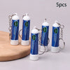 Five blue nasal inhaler keychains with silver clasps displayed on a wooden surface.