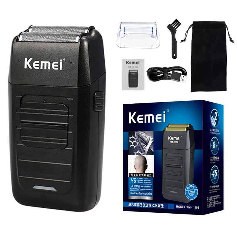A black Kemei electric shaver and accessories displayed on a white background.
