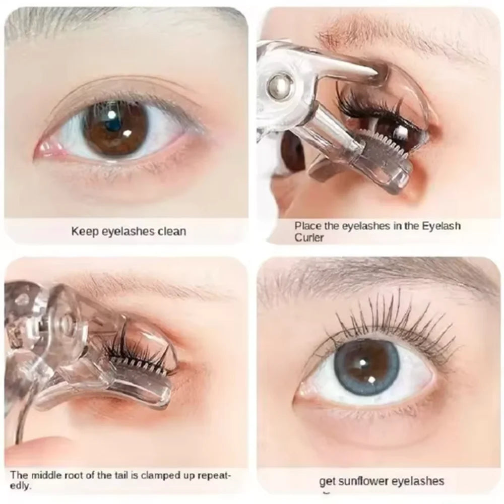 A set of dual eyelash curlers is shown in various stages of use, including placing eyelashes and curling them to achieve a su