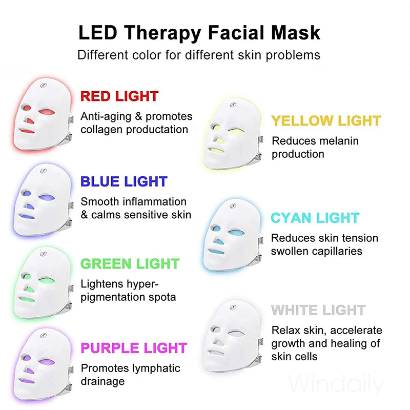 A collection of LED therapy facial masks in various colors including red, yellow, blue, cyan, green, and purple lights.