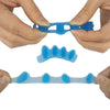 Hands hold soft blue gel toe separators for foot and toe alignment.