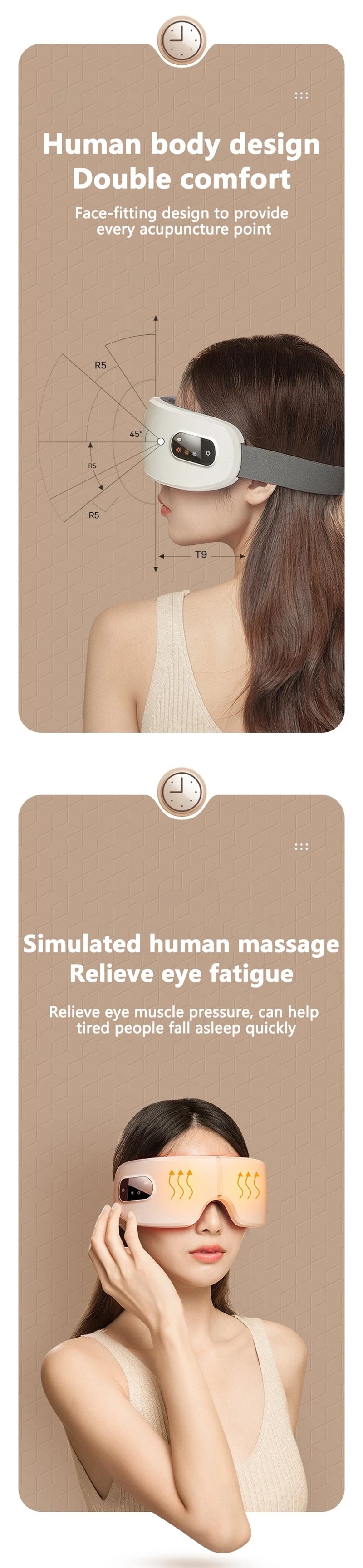 A woman is using a white eye massager device designed for acupressure points on her face.