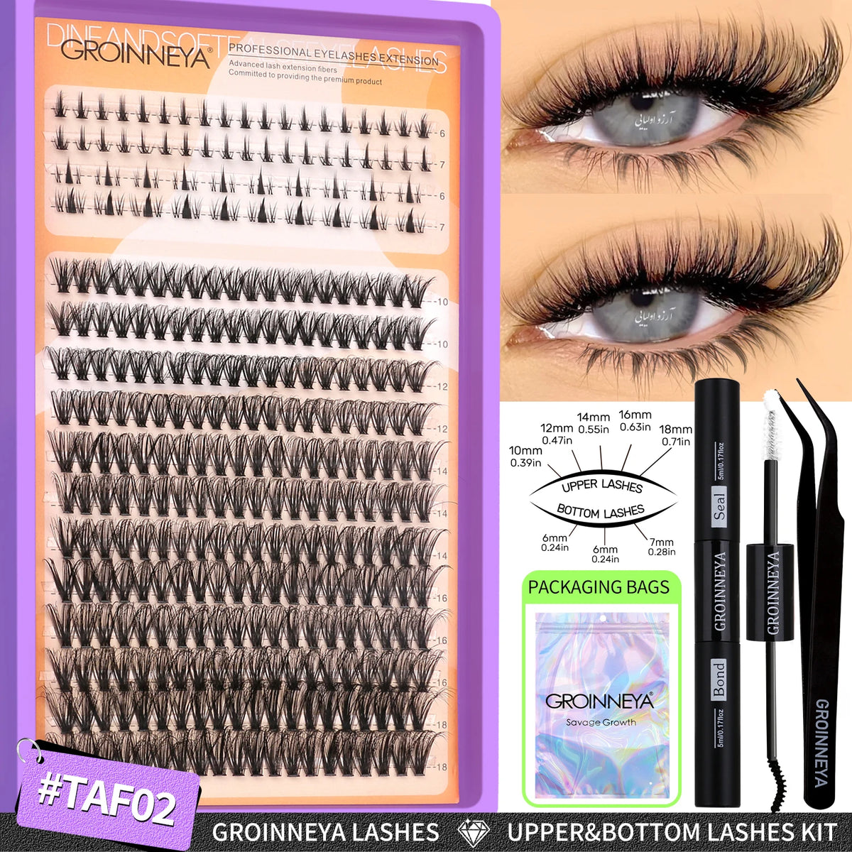 DIY Groinneya lash extension kit including bond and tweezers for upper and bottom lashes