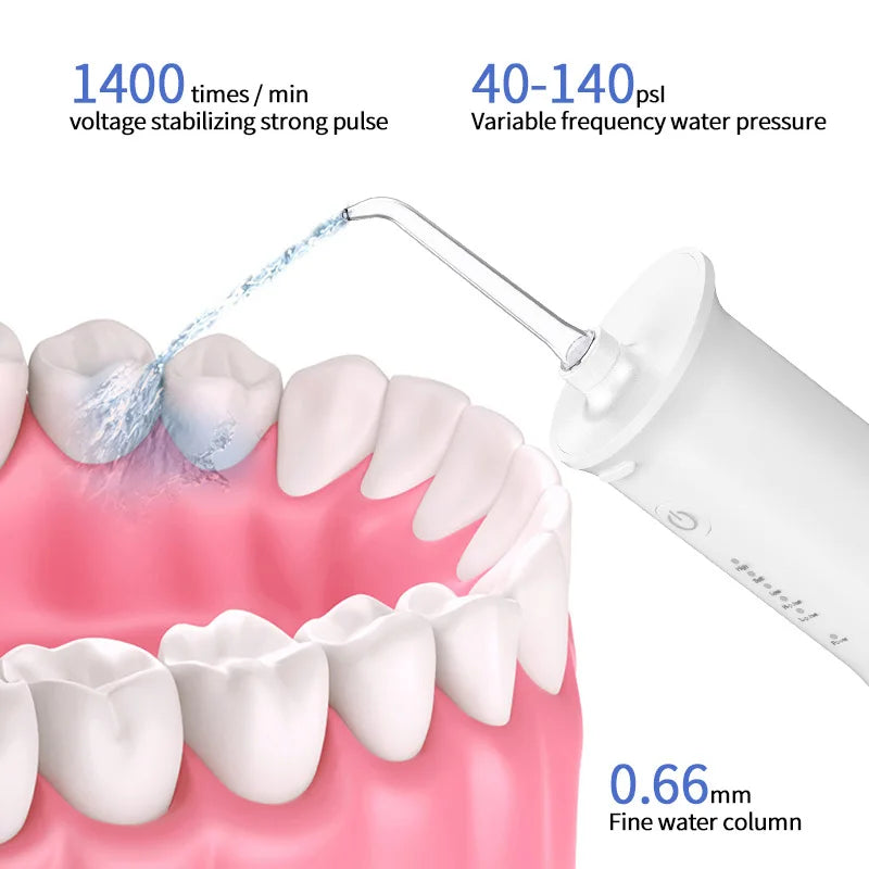 A white portable dental water flosser is shown being used on a model of teeth, creating a fine water column.