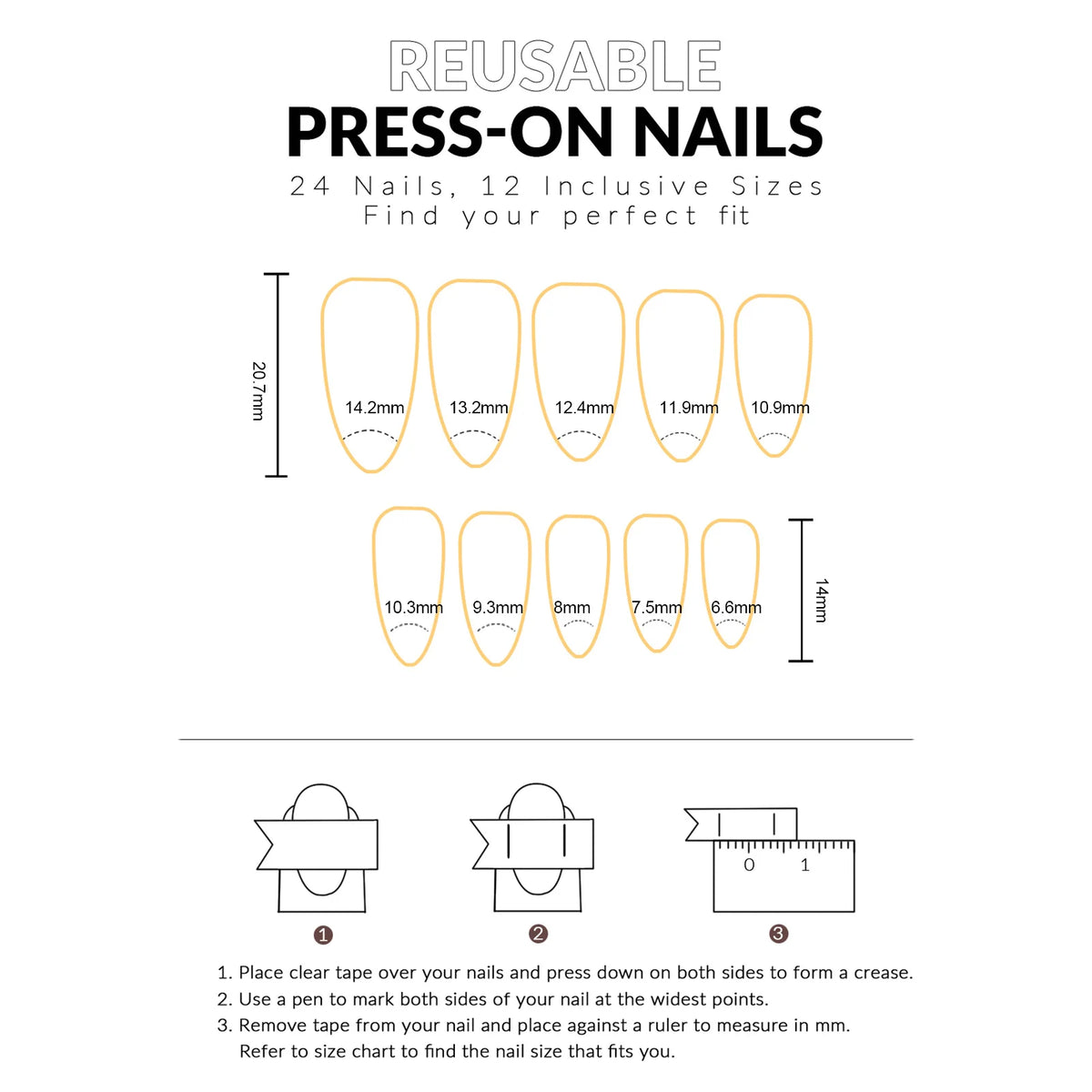 A set of 24 press-on fake nails in various sizes and shapes for a female user.