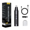 Black USB rechargeable electric nose hair trimmer with a detachable head and charging cable