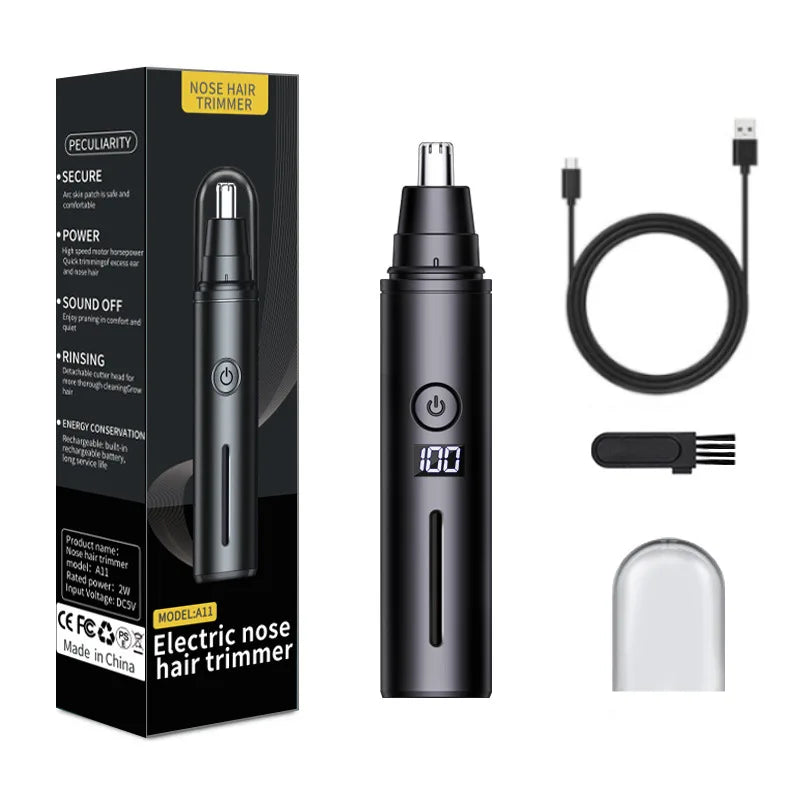 Black USB rechargeable electric nose hair trimmer with a detachable head and charging cable