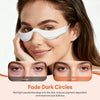 A woman is shown using a white eye mask device to reduce dark circles and improve eye dullness.