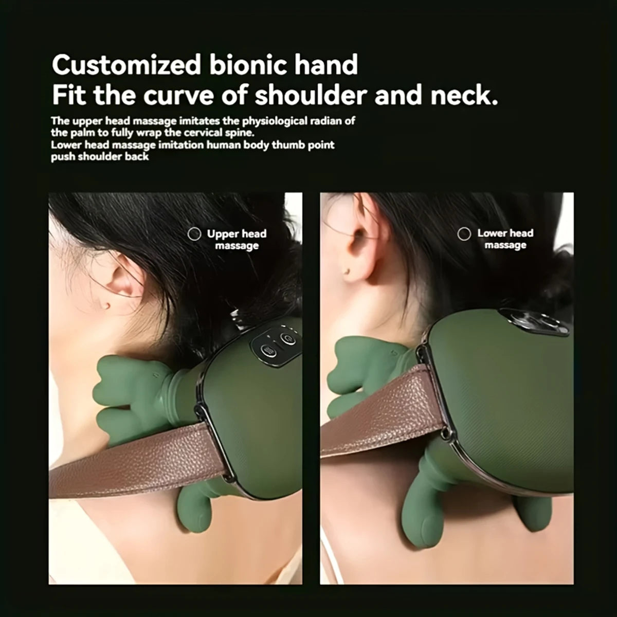 A close-up of a green bionic hand massager being applied to the neck and shoulder area.
