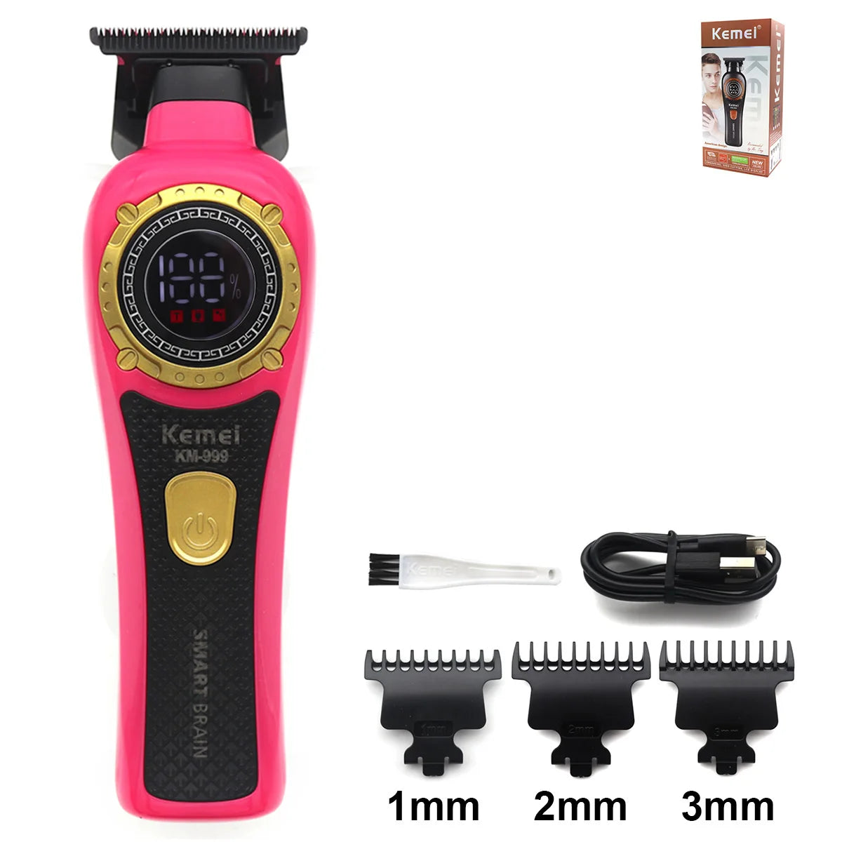 Pinker Elektrikoschneider mit schwarzem Gehäuse und goldenen Akzenten, der verschiedene Schutzaufsätze (1mm, 2mm und 3mm) zei