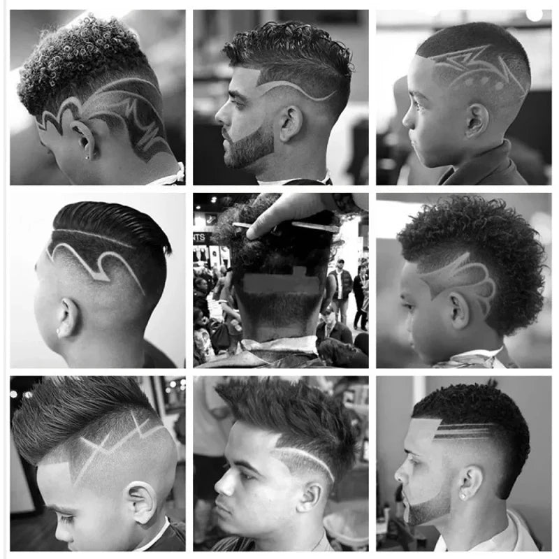 A collage showing various styles of men's haircuts and beard grooming using a professional cordless hair clipper trimmer set.