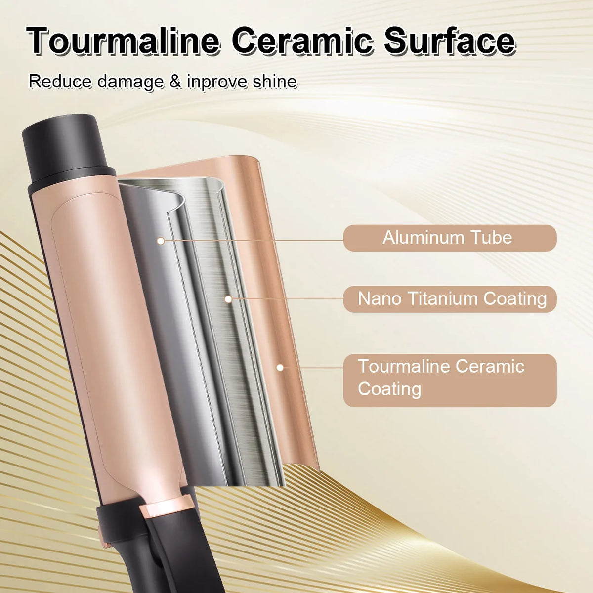 Close-up of a professional ceramic curling iron showing an aluminum tube and tourmaline ceramic coating.