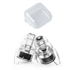 A pair of clear silicone earplugs with a storage case shown next to the plugs.