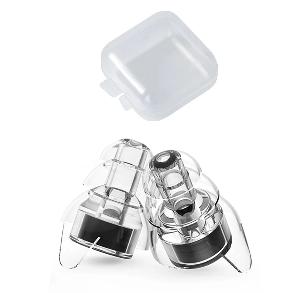 A pair of clear silicone earplugs with a storage case shown next to the plugs.