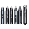 A set of five black USB rechargeable electric nose hair trimmers shown from various angles.